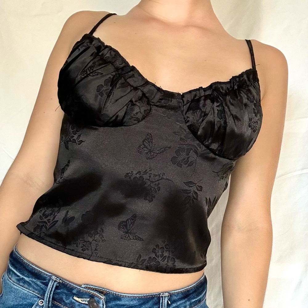 L.A. Hearts black satin butterfly cami top, size small
